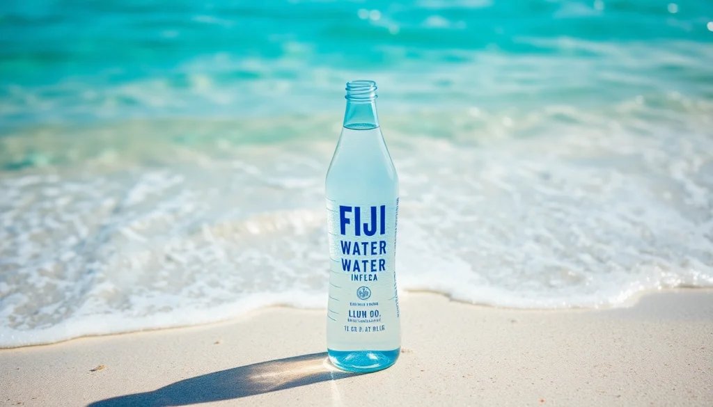 Enjoying a bottle of Fiji Water on the pristine beach, highlighting its refreshing essence.