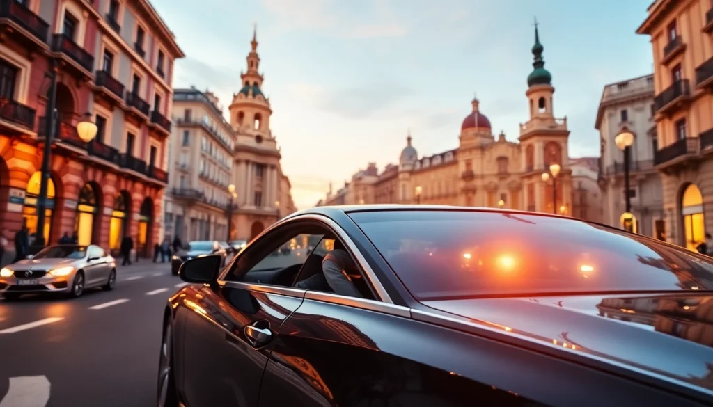 Experience luxury hire chauffeur Madrid in a sleek black car navigating through beautiful city streets.