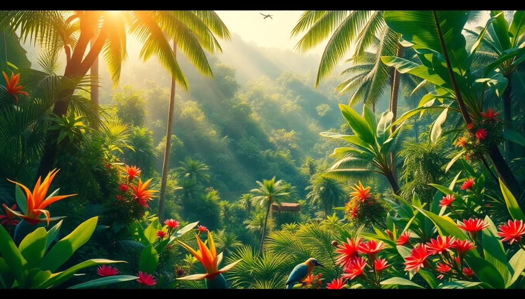 Vibrant depiction of a tropical scene showcasing tropemprzygod with lush greenery and sunlight highlighting the adventure.