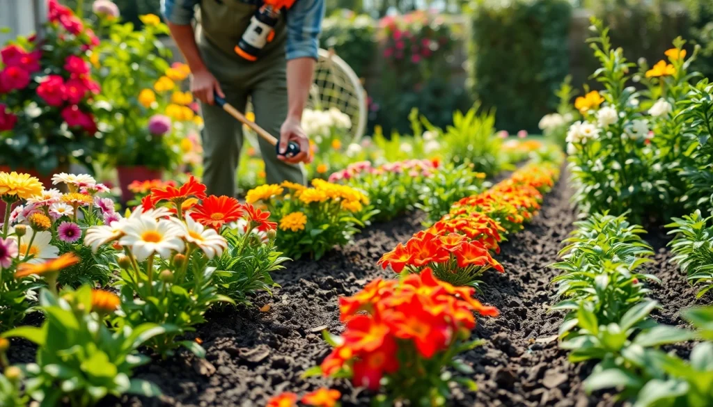 Garden maintenance in a vibrant garden, showcasing a gardener trimming plants and rejuvenating the landscape.