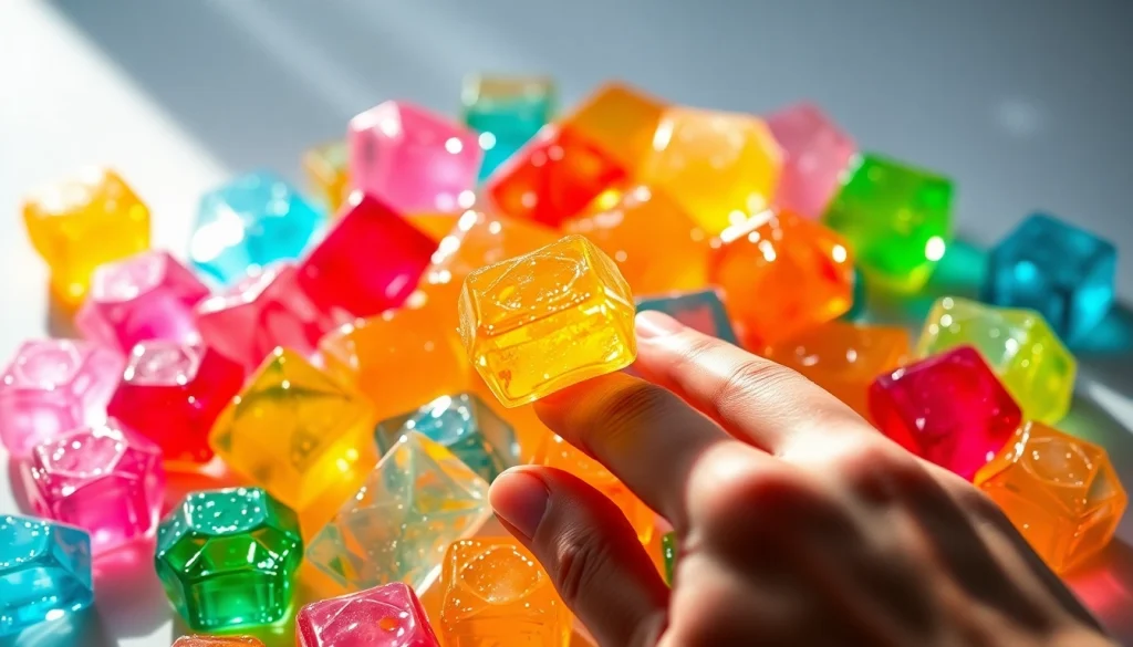 Delightful crystal candy gleaming with vibrant colors in a hand's grasp.