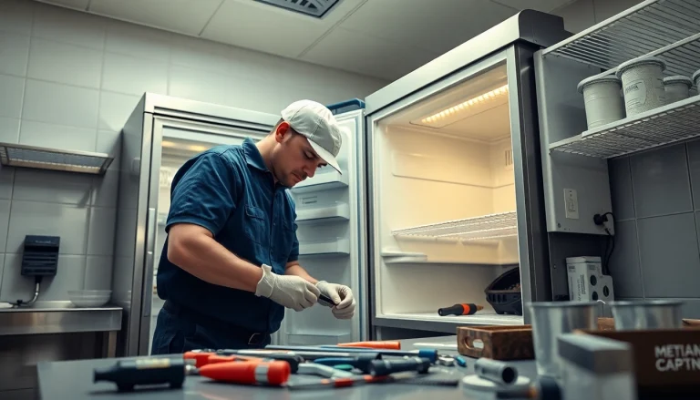 Technician performing commercial refrigerator repair in an industrial kitchen setting, showcasing expert workmanship.