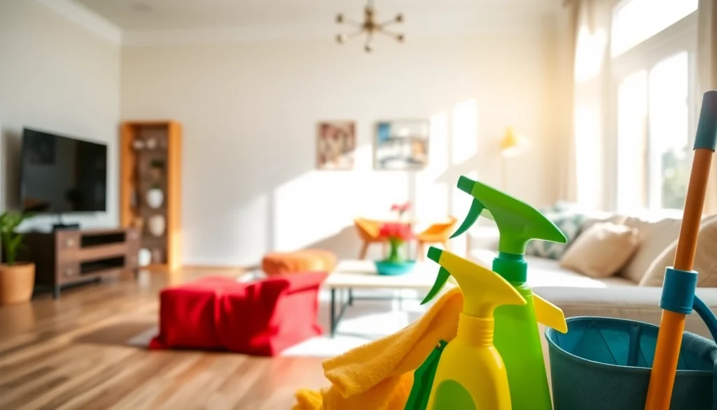 Showcasing spotless bond cleaning in Brisbane, a bright living room with pristine surfaces and organized cleaning tools.