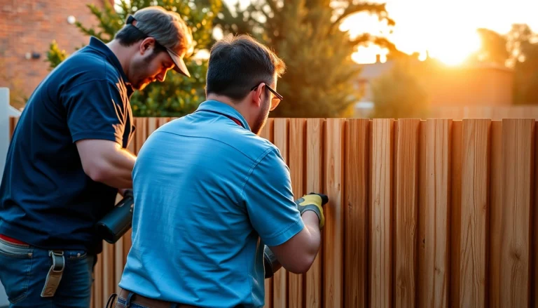 Skilled workers from fencing companies Manchester installing a wooden fence in a vibrant garden.