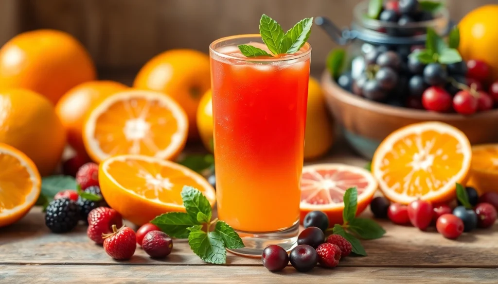 Enjoy a refreshing vitamindrink showcasing its vibrant color and fruity ingredients.