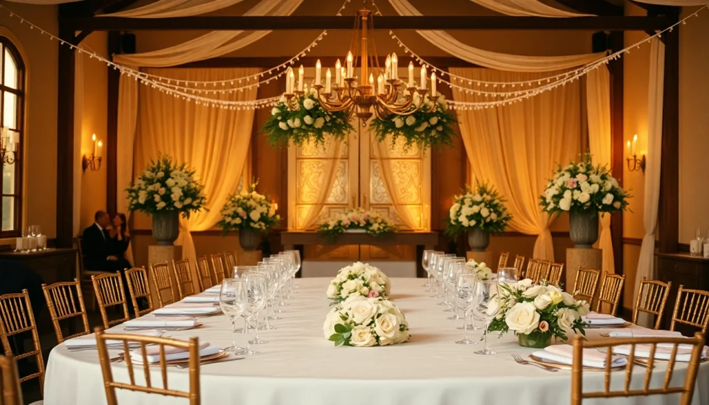 Creative wedding or event video editing showcasing a beautifully decorated venue with floral arrangements and soft lighting.