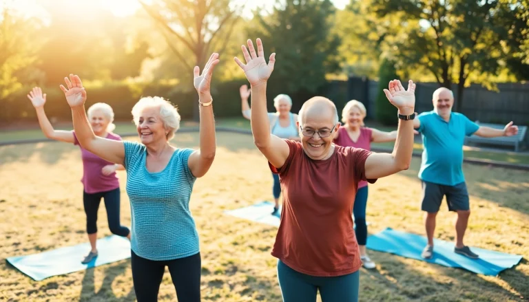 Engaged seniors participating in Senior Fitness Training outdoors, showcasing exercise techniques with light weights.