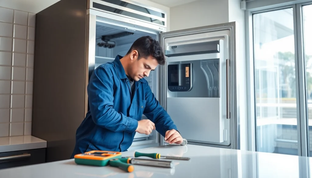 Expert technician performing commercial refrigerator repair in a bright kitchen, showcasing professionalism and skill.