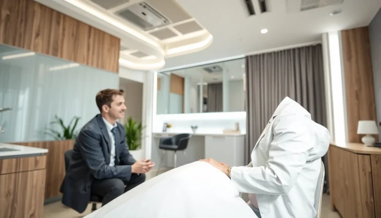 Behandlung im modernen Klinikraum für ästhetische Medizin, Kunde erhält sorgfältige Beratung.