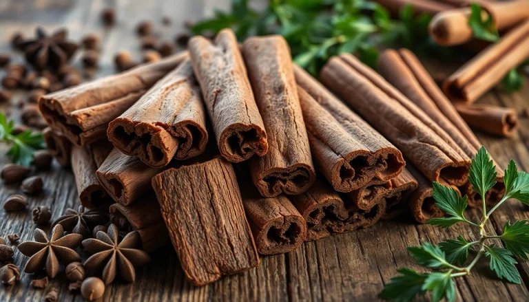 Cinnamon Bark pieces beautifully arranged with spices, showcasing texture and culinary context.