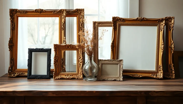 Showcasing diverse Vintage frames with ornate details against a rustic wooden backdrop.