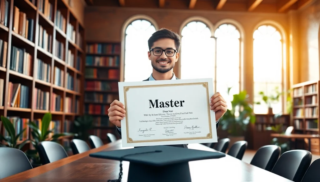 Buy master degree UK certificate held by a proud student in a prestigious library setting.