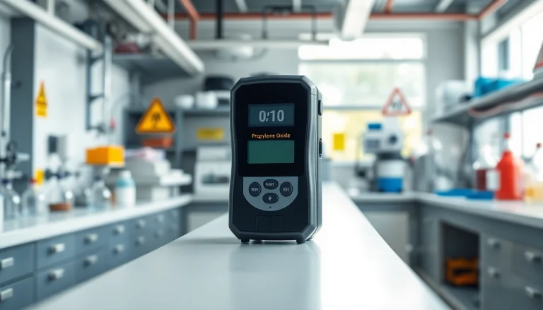Propylene Oxide gas detector on a lab bench, showcasing modern safety technology.