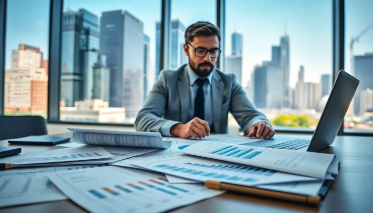 Analyze export tariffs in a professional office with charts and documents.