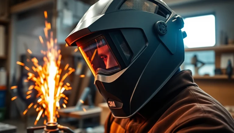 Welder using a high-quality speedglas welding helmet, showcasing protective features in action.