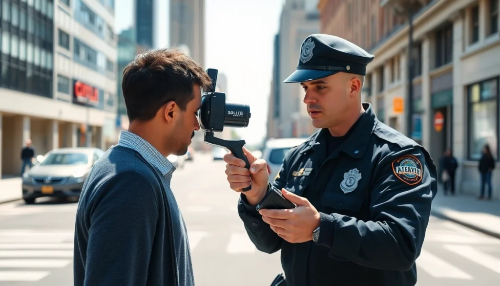 Officer conducting a drug impairment test on a city street, capturing details of the interaction.