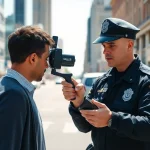 Officer conducting a drug impairment test on a city street, capturing details of the interaction.