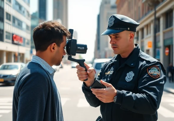 Officer conducting a drug impairment test on a city street, capturing details of the interaction.