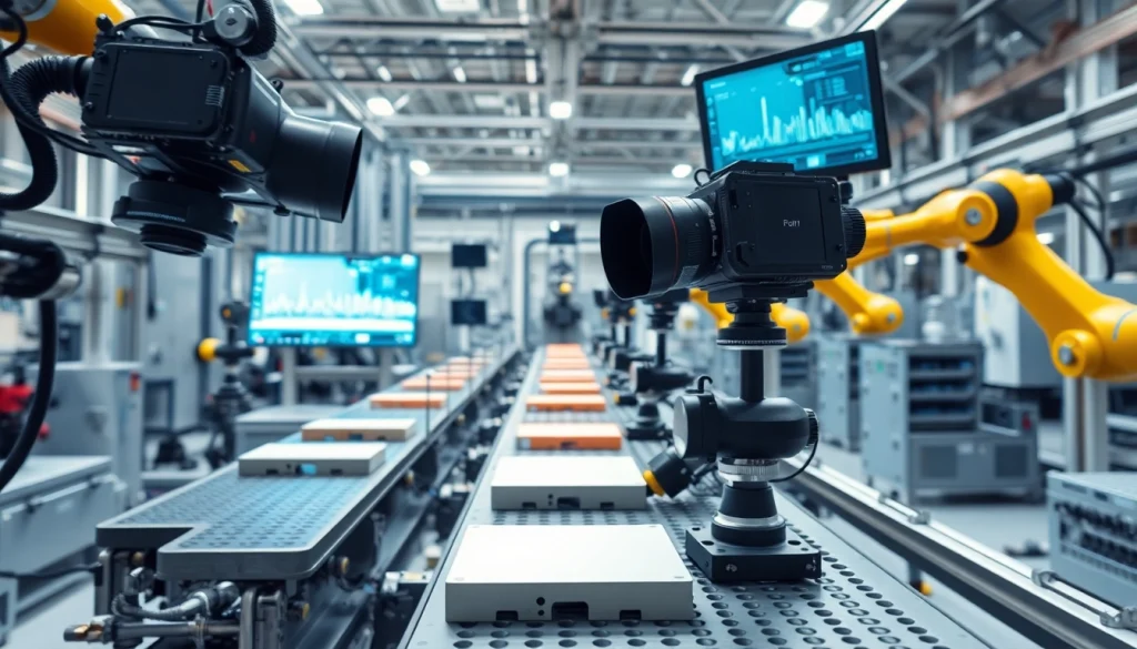 Showcasing machine vision technology in action with cameras inspecting products on an assembly line.
