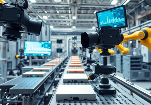 Showcasing machine vision technology in action with cameras inspecting products on an assembly line.