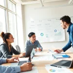 Conducting competitor pricing research in a professional office setting with analysts collaborating.
