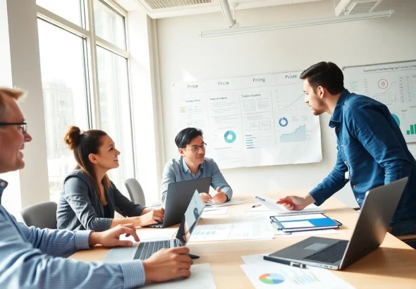 Conducting competitor pricing research in a professional office setting with analysts collaborating.