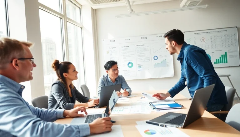 Conducting competitor pricing research in a professional office setting with analysts collaborating.