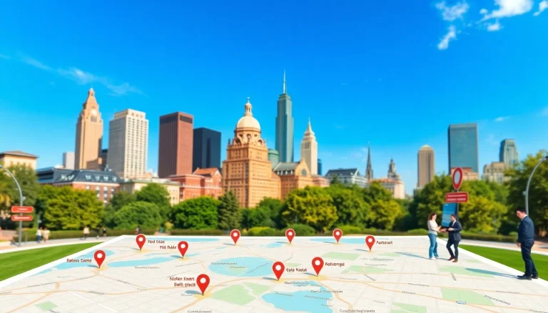Display of various locations on a bright, interactive map highlighting urban features.