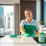 Bond cleaning Brisbane cleaner scrubbing a kitchen countertop in a bright urban setting.