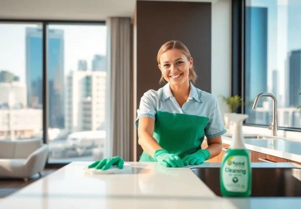Bond cleaning Brisbane cleaner scrubbing a kitchen countertop in a bright urban setting.