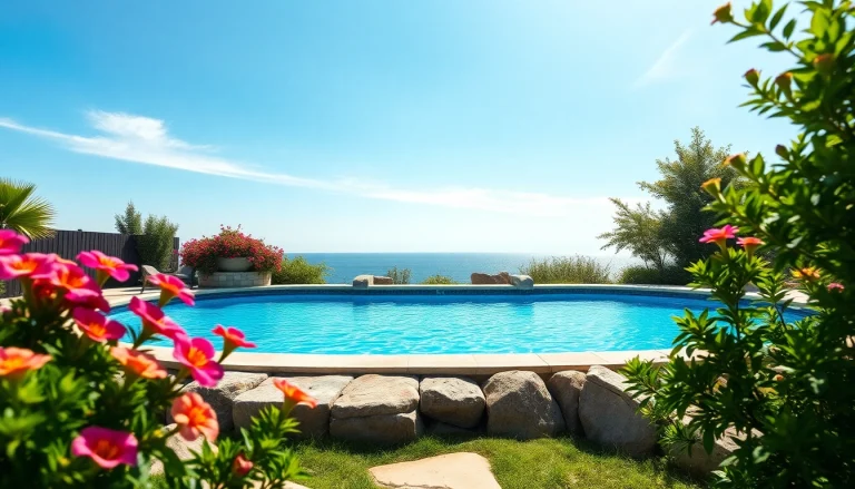 Build your own pool in a serene backyard with greenery, vibrant flowers, and bright natural lighting.