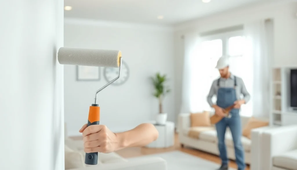 Find drywall painting contractors near me working expertly in a bright residential setting.