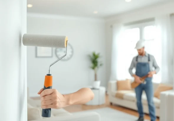 Find drywall painting contractors near me working expertly in a bright residential setting.