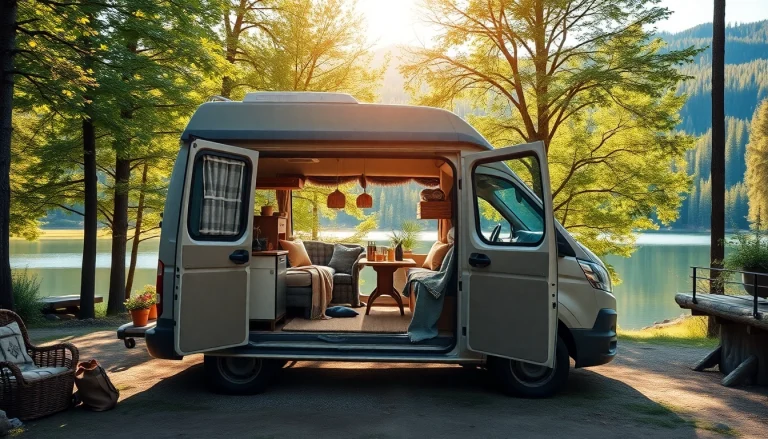 Cozy camper van invitingly open amid nature, showcasing its beautifully decorated interior.