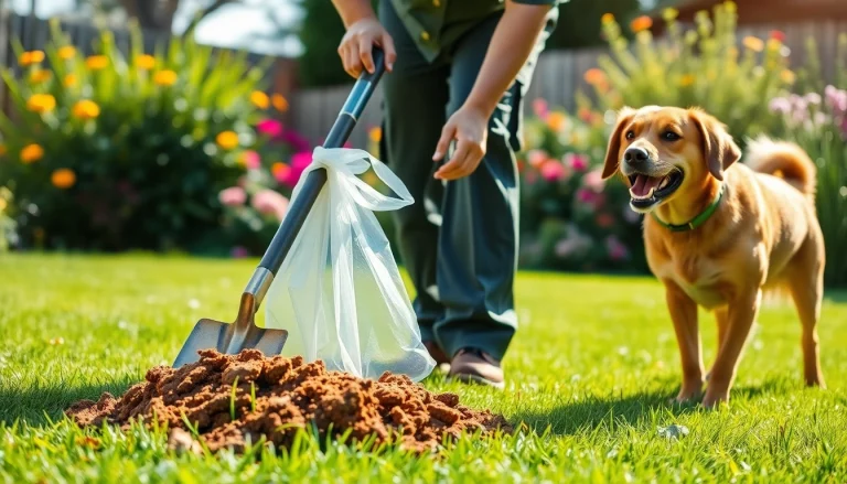 Dog poop pickup service in action, showcasing a professional scooper in a green backyard.