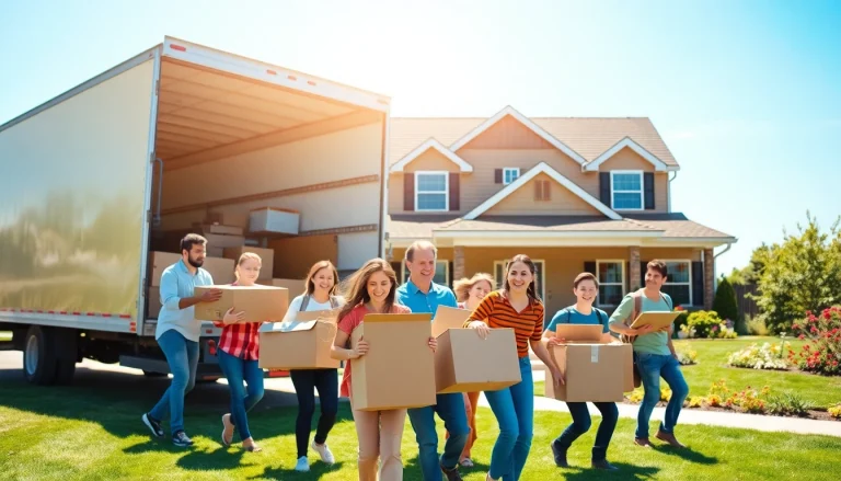 Family members cheerfully assisting with house moves, loading a truck in a sunny suburban setting.