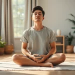 Practicing mindfulness techniques for dealing with anxiety in a serene home setting.