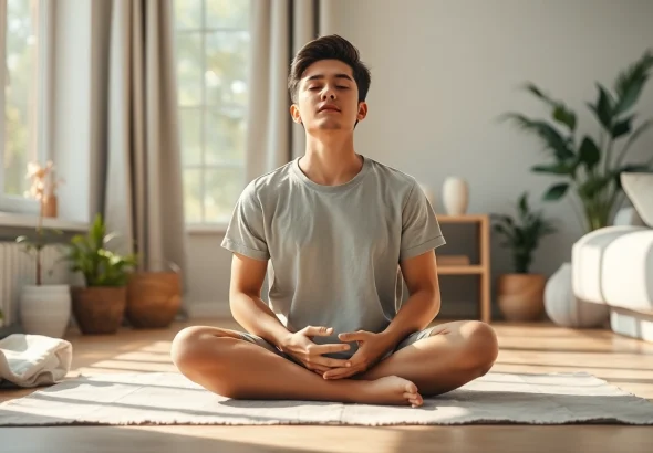 Practicing mindfulness techniques for dealing with anxiety in a serene home setting.