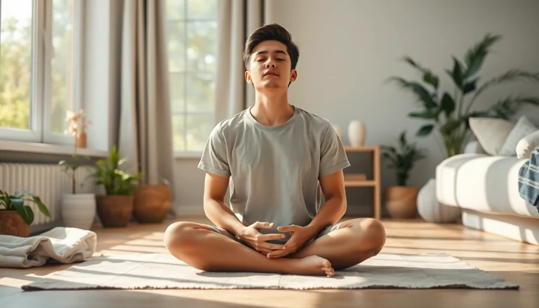 Practicing mindfulness techniques for dealing with anxiety in a serene home setting.