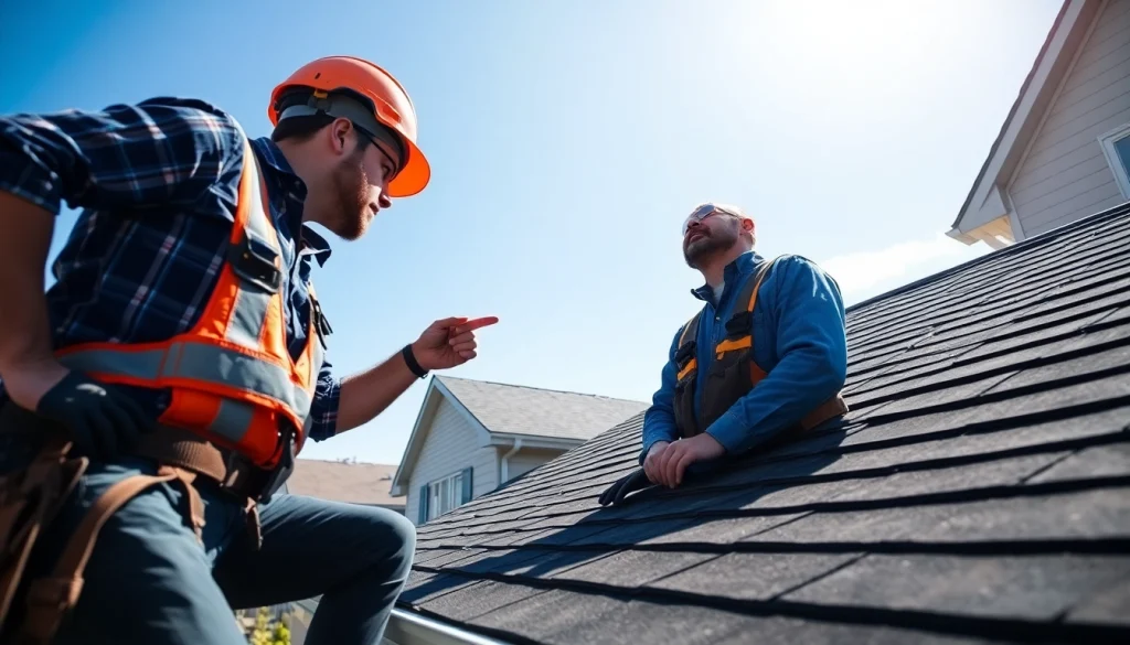 Local roofers near me examining a residential roof with safety gear in a sunny neighborhood.