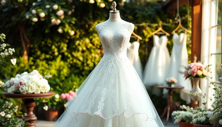 Showcasing elegant reception wedding dresses with intricate lace detailing in a charming garden.
