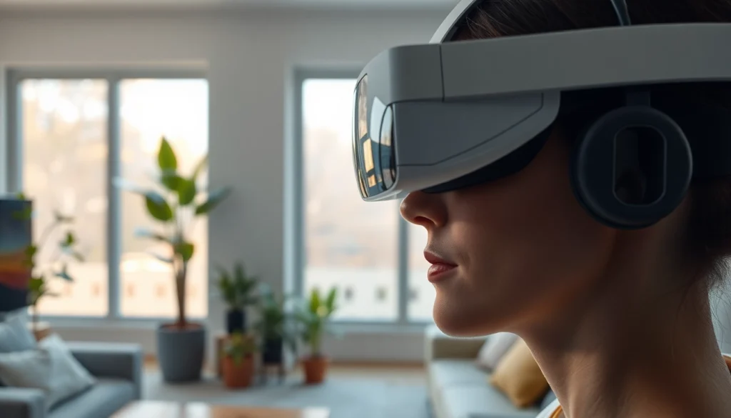 Buy Vision Pro in a contemporary living space, showcasing its sleek design and digital interfaces.