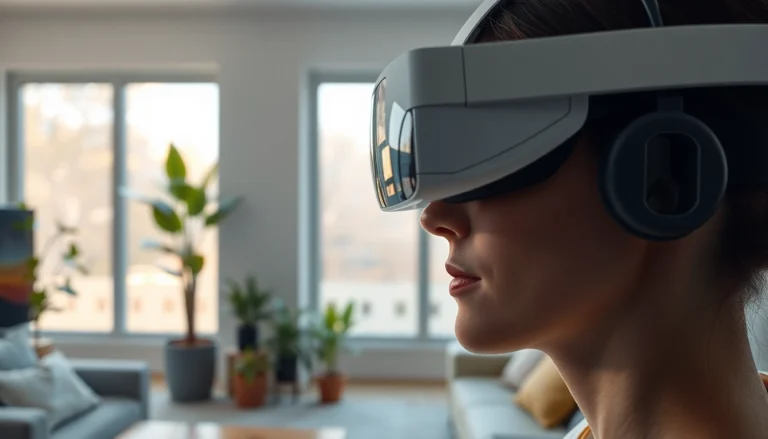 Buy Vision Pro in a contemporary living space, showcasing its sleek design and digital interfaces.