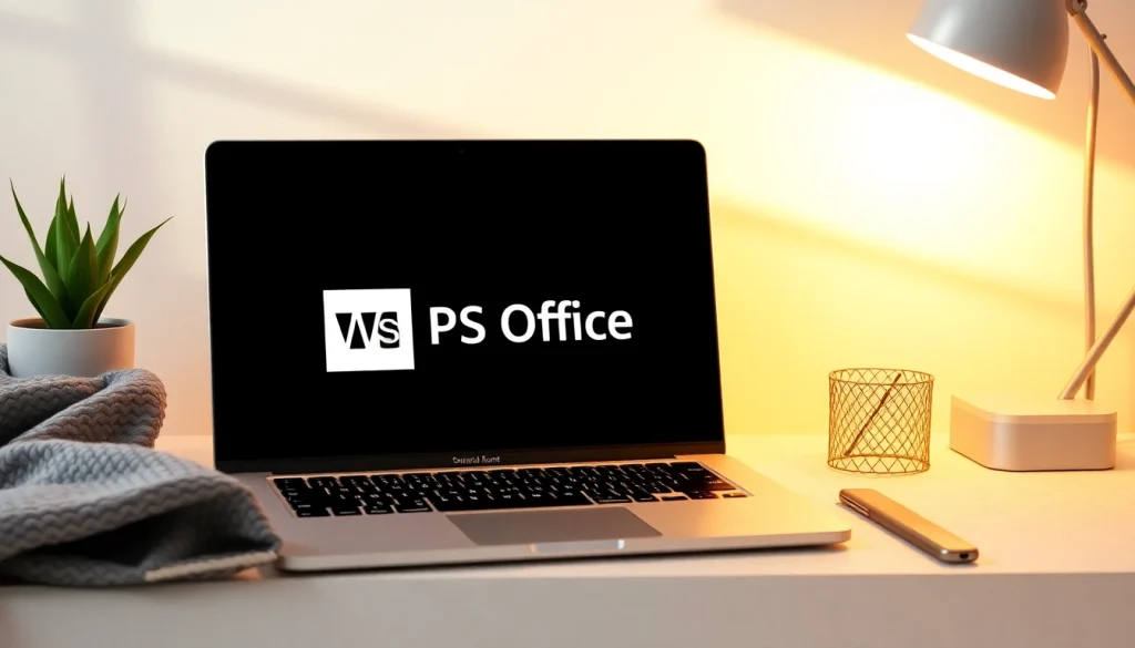 Experience wps office下载 on a sleek laptop in a vibrant office setting.