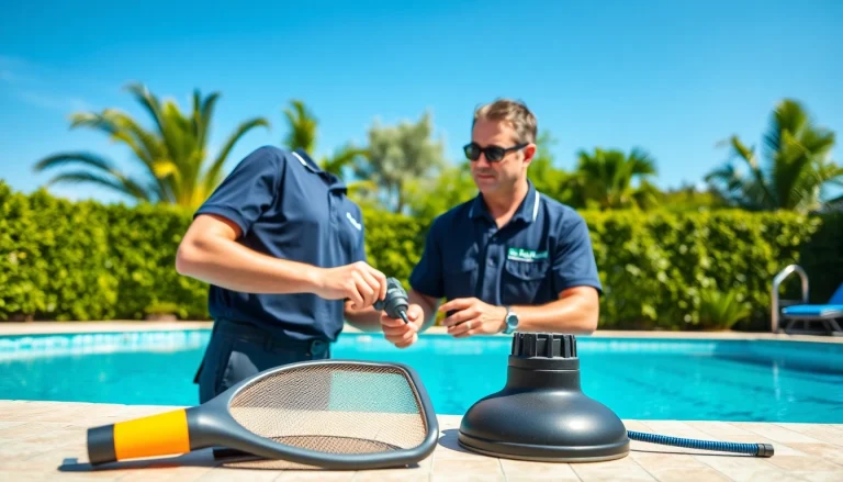 Pool service near me represented by a technician inspecting a beautiful swimming pool.