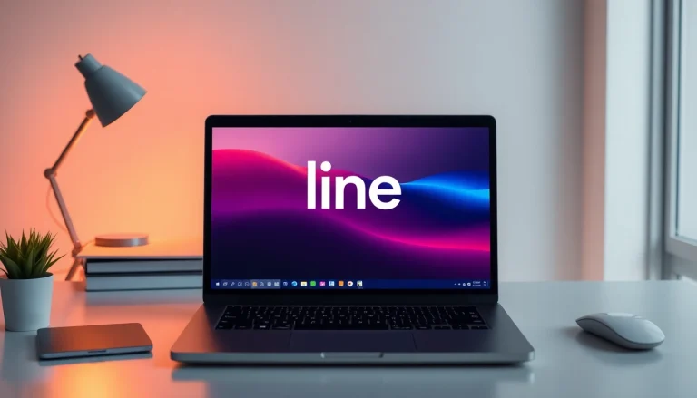 Download the line電腦版官方下載 interface on a sleek laptop in a modern office setting.