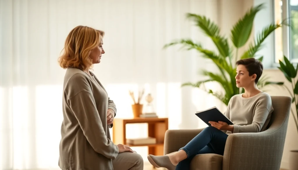 A therapist helping a client dealing with anxiety in a warm, inviting setting.