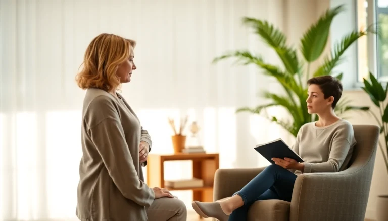 A therapist helping a client dealing with anxiety in a warm, inviting setting.