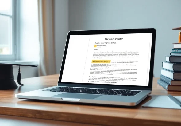 Assess the originality of content using a plagiarism detector displayed on a laptop screen.