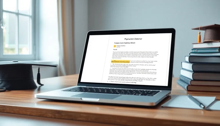Assess the originality of content using a plagiarism detector displayed on a laptop screen.